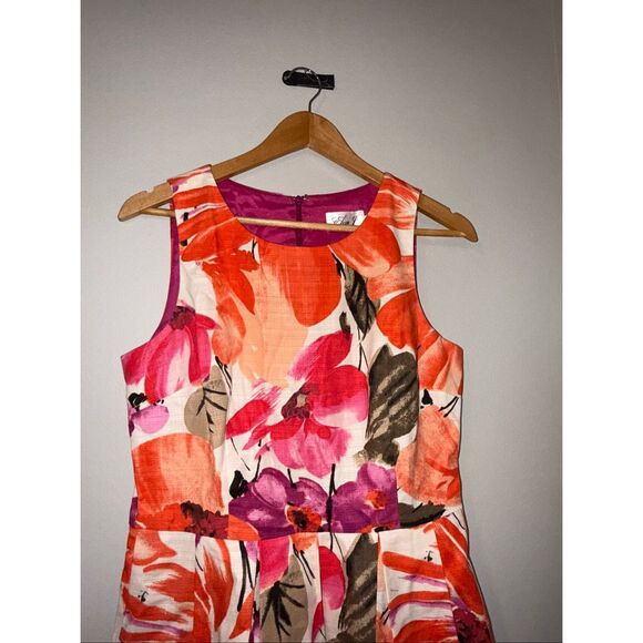 Eliza J Size 8 A-Line Fit & Flare Tea Dress Orange Pink Big Floral Vacation - Picture 2 of 9